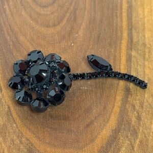 Vintage Japanned Black Rhinestone Flower Brooch